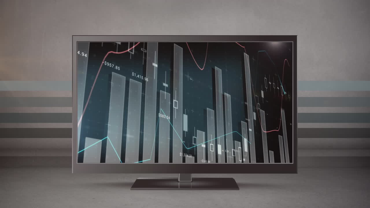 animación del procesamiento de datos estadísticos en una pantalla de computadora contra un fondo gris