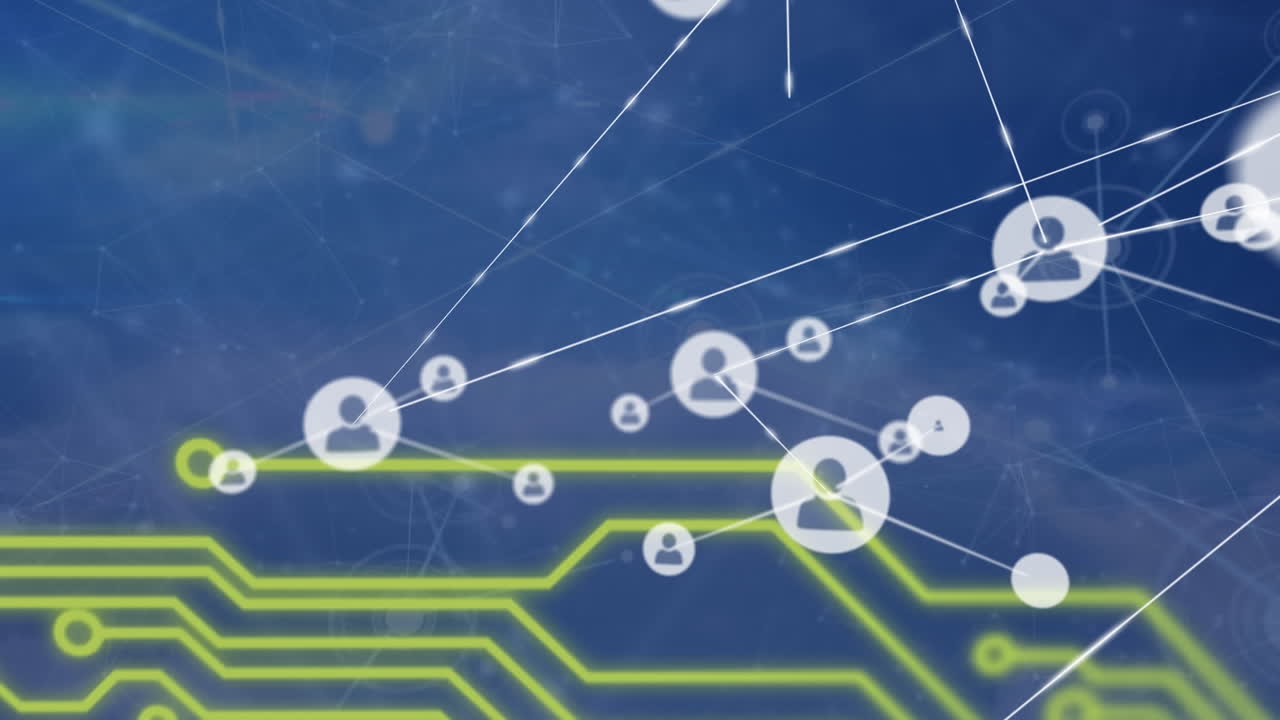 animación de la red de conexiones con iconos digitales y placa de circuito