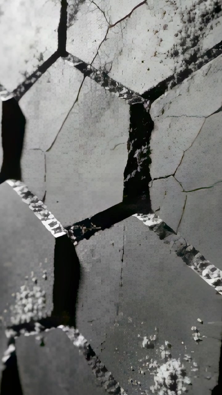 Vertical video: Starting handheld micro-pan revealing cracked hex pavers at walkway for inspection