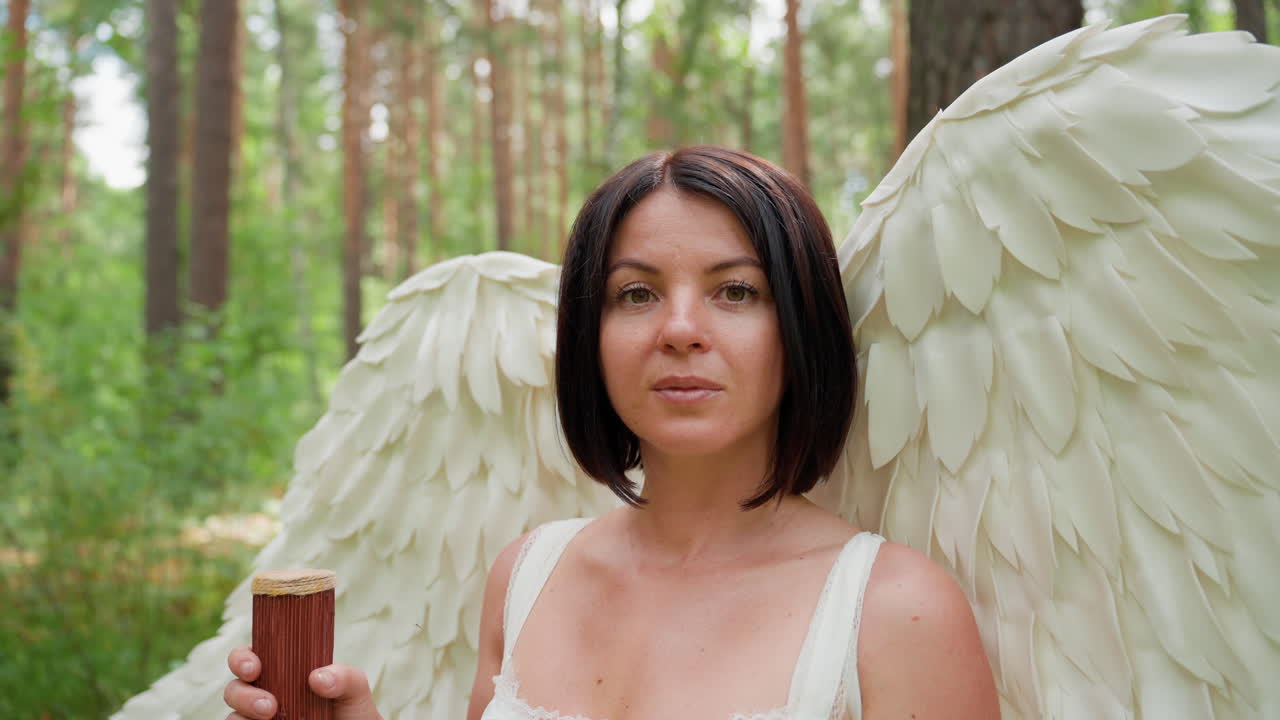 Giovane donna vestita da dea con ali bianche, in piedi tra gli alberi ad alto fusto mentre regge un bastone di legno, si gira lentamente con espressione pensierosa, persa nei pensieri nella rigogliosa foresta estiva circondata dal verde