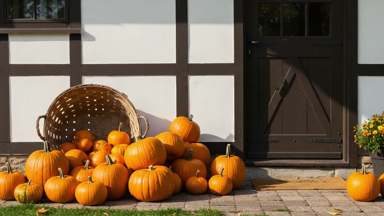 Autumn Pumpkin Display at a Rustic House Entrance
