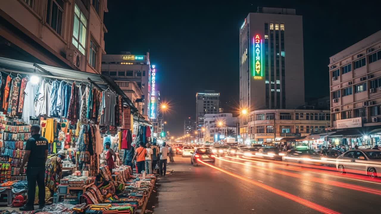 Vibrant Night Market Scene Capturing Colorful Stalls, Busy Streets, and Illuminated Buildings in a Bustling Urban Setting