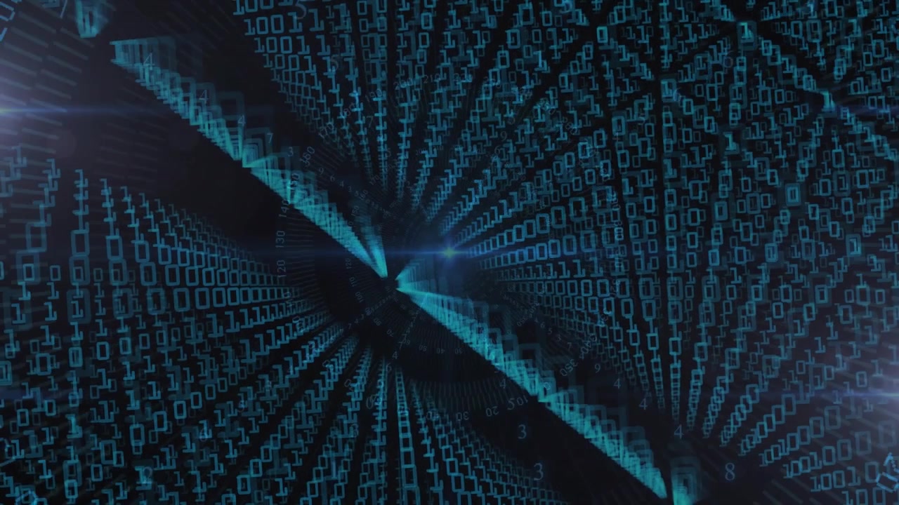Tunnel of glowing cyan binary digits zooming and rotating inward on sequence start for data journey