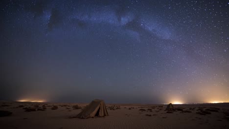 camping tents glowing under the vibrant city lights on the horizon, set against a breathtaking view of the milky way in a vast desert landscape, create a serene night scene