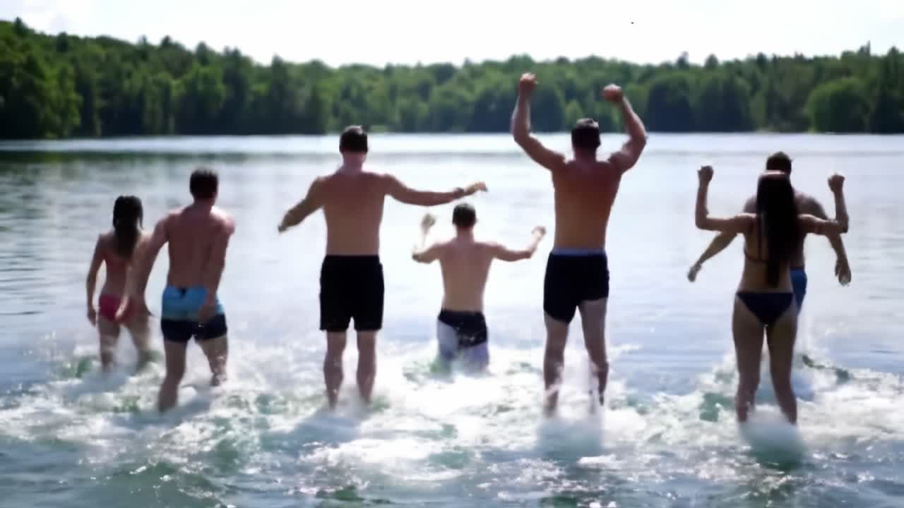 Group of Friends Enjoying a Refreshing Dip in a Serene Lake on a Sunny Day in Summer