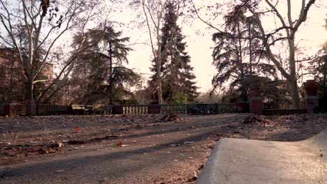 Natural-scene-of-a-sunny-day-at-the-park-during-an-autumn-day-with-sunrays-filtering-trough-trees-and-orange-leaves-on-the-ground-moved-by-the-wind,-all-recorded-from-the-height-of-a-bench