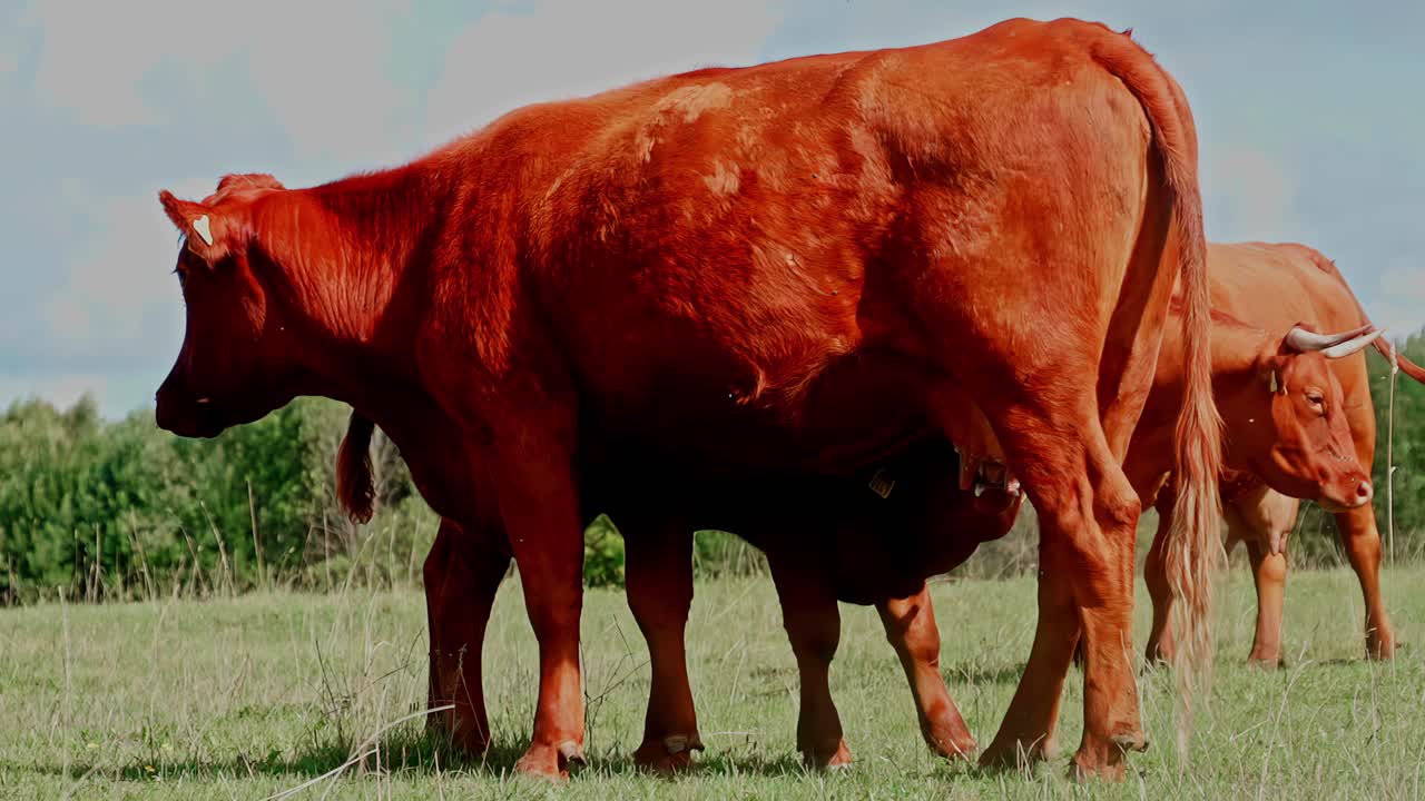 Una grande mucca rosso-arancio sta su terreno asciutto con un'altra sullo sfondo, rivolta in avanti.