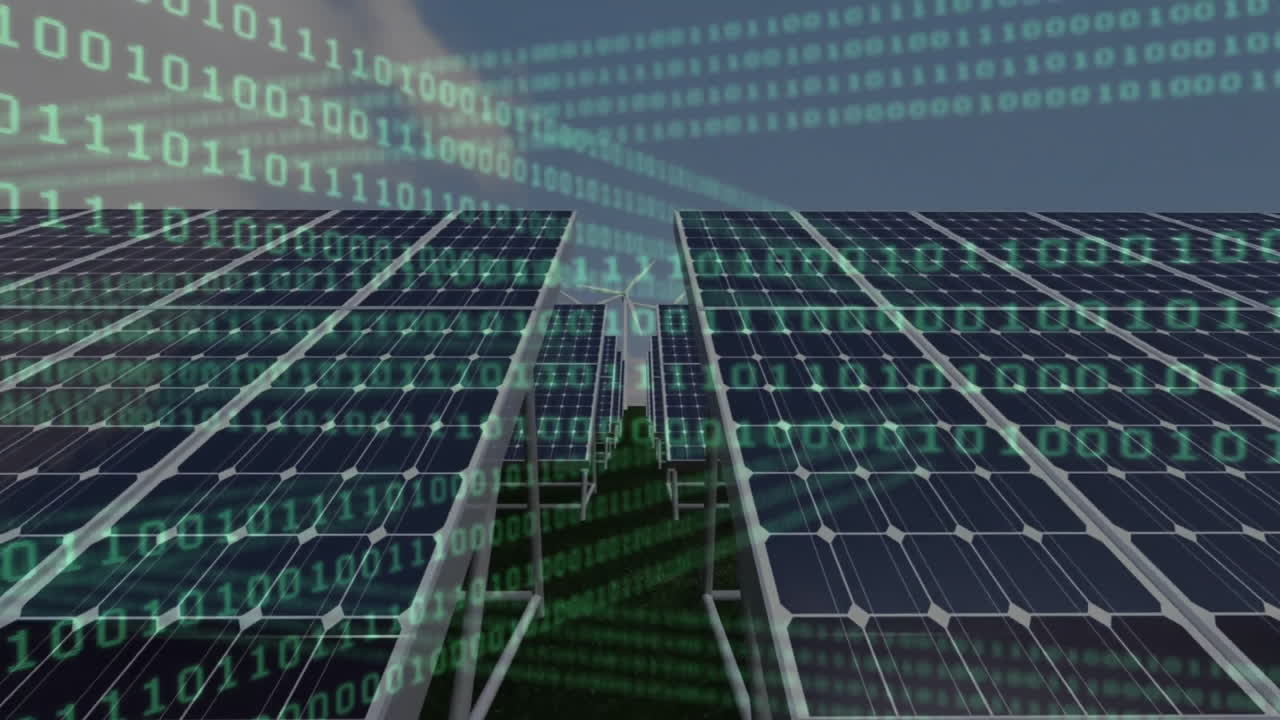 현장에서 태양 전지 패널을 통해 바이너리 코드를 애니메이션합니다.