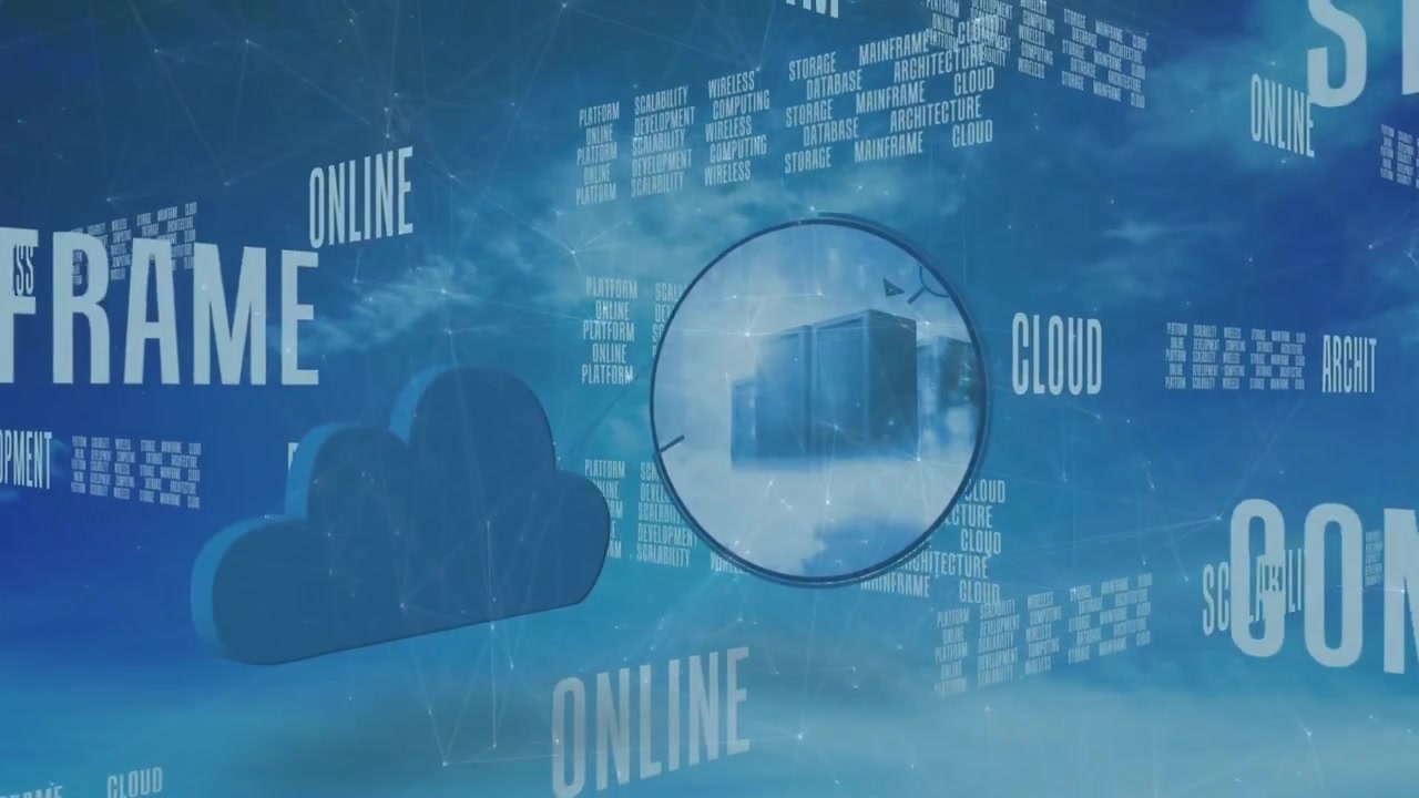 At start flat cloud icon and text rotating then lens magnifying server rack showcasing cloud tech