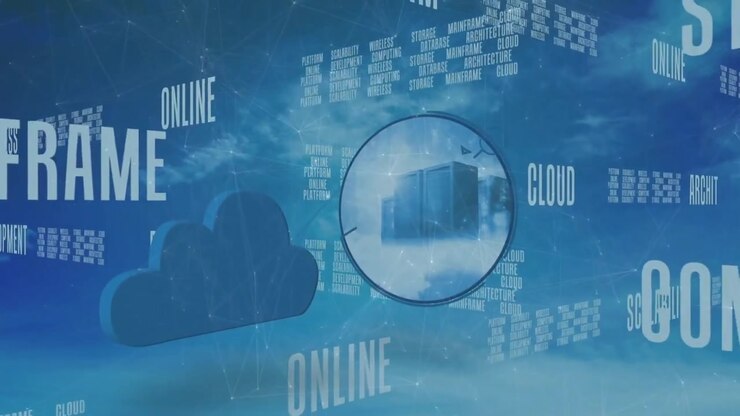 At start flat cloud icon and text rotating then lens magnifying server rack showcasing cloud tech
