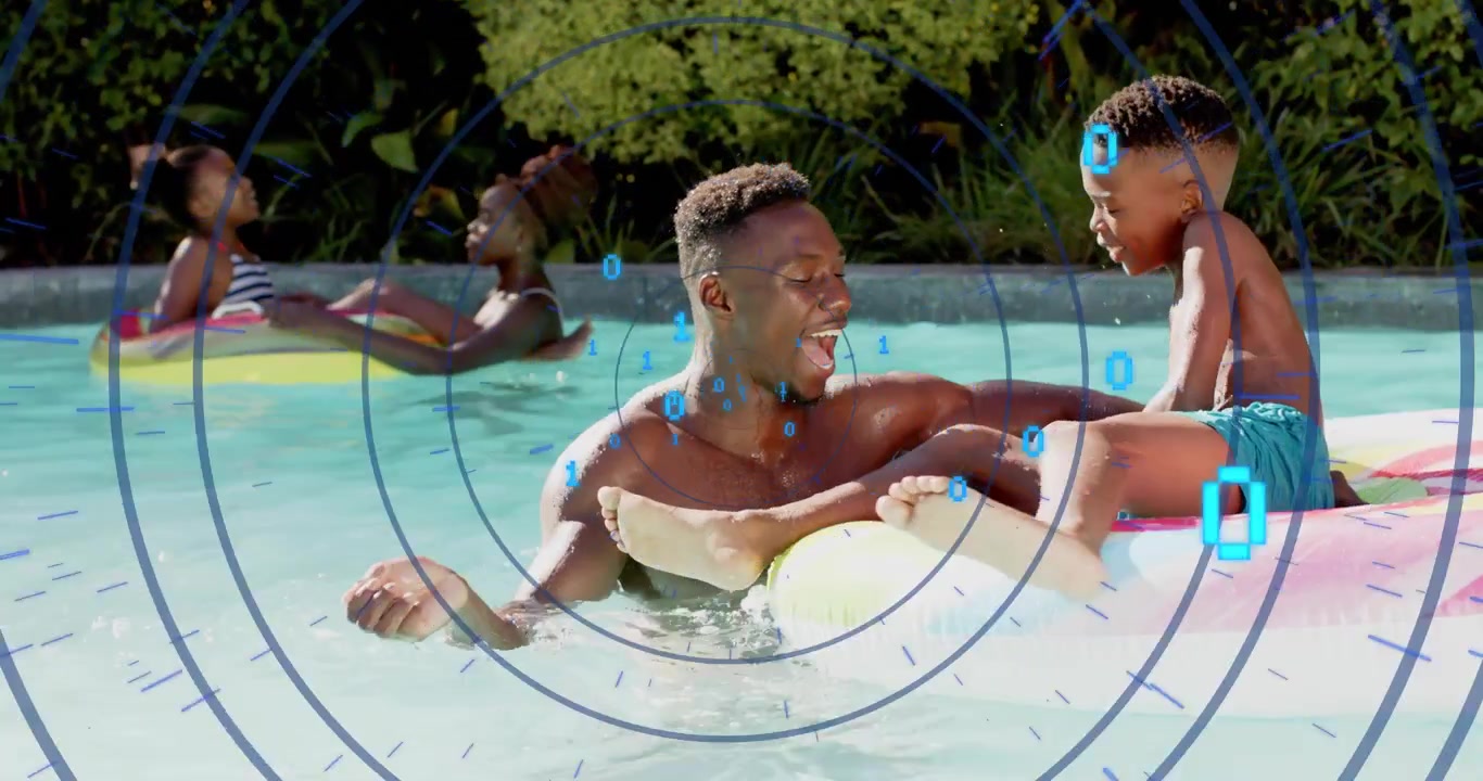 Father securing son's pastel ring and scooping pool water, showcasing binary technology overlay