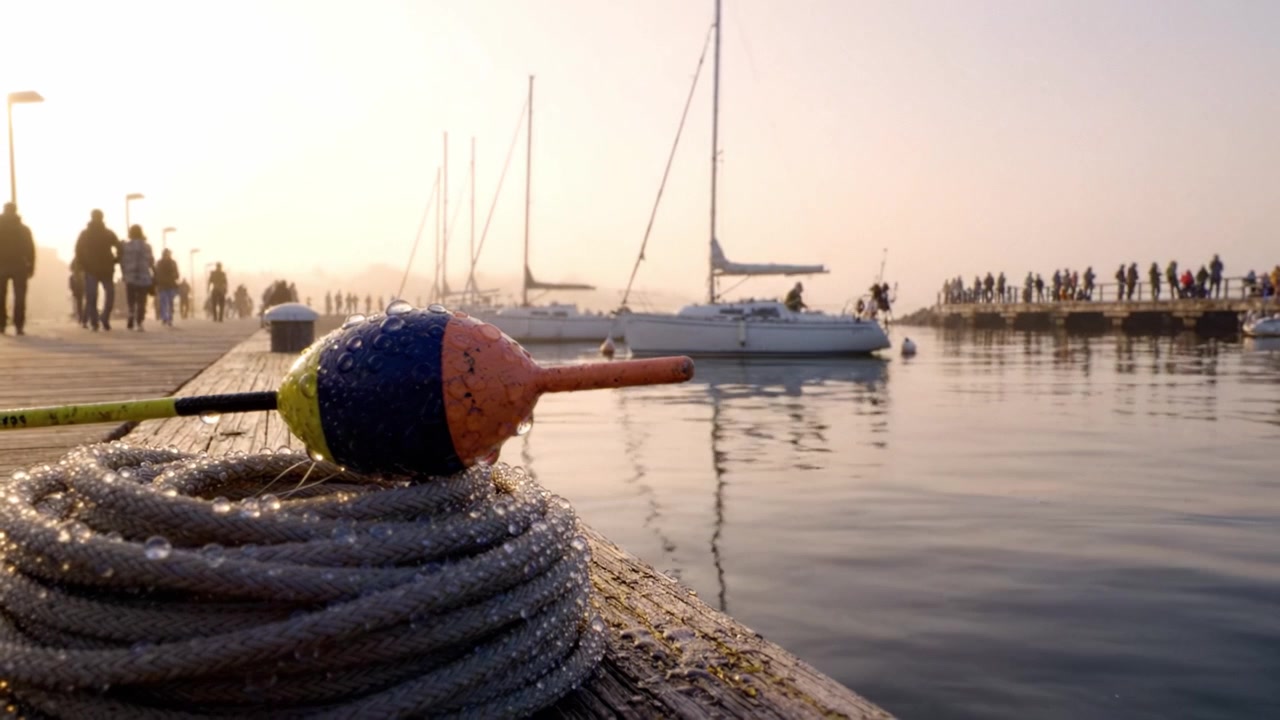 Una tranquilla mattina al porto con un galleggiante da pesca colorato che riposa su una corda bagnata di rugiada, con barche che ondeggiano dolcemente nell'acqua calma sotto la luce soffusa del sole.