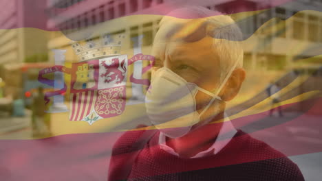 animation of flag of spain waving over man in face masks