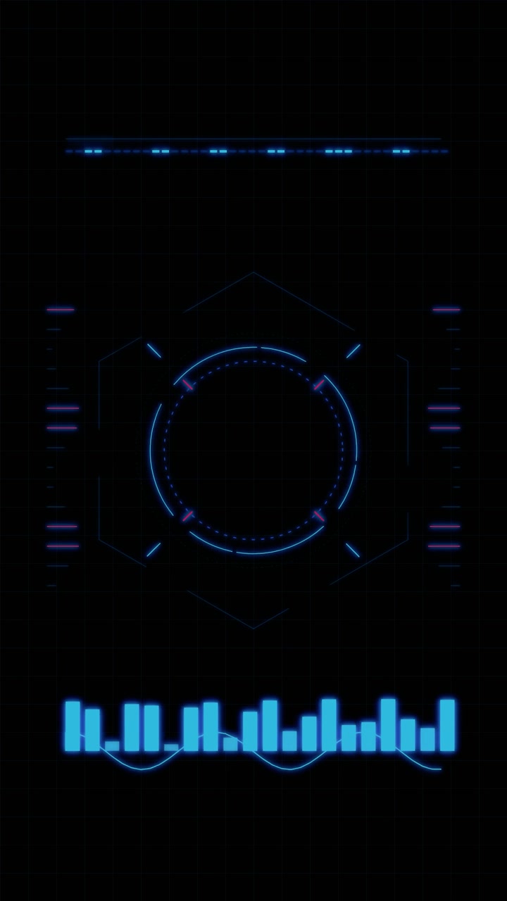 Interfaccia HUD digitale futuristica con elementi circolari rotanti