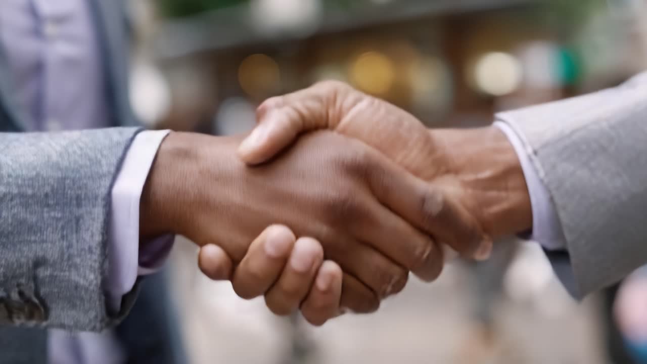 A Professional Handshake Symbolizing Agreement, Collaboration, and Mutual Respect Between Two Individuals in a Business Setting with a Blurred Background