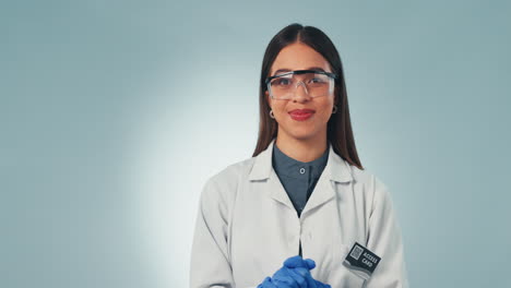 Woman,-pointing-and-hands-of-happy-scientist