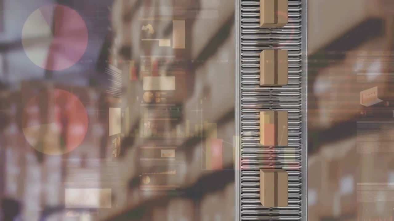 animación de estadísticas y procesamiento de datos sobre cajas de cartón en cinta transportadora