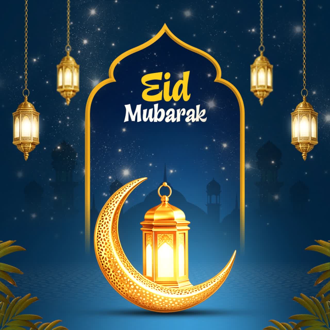 Animazione per post sui social media di auguri Eid Mubarak con arco di moschea e lanterne a mezzaluna su sfondo sfumato blu