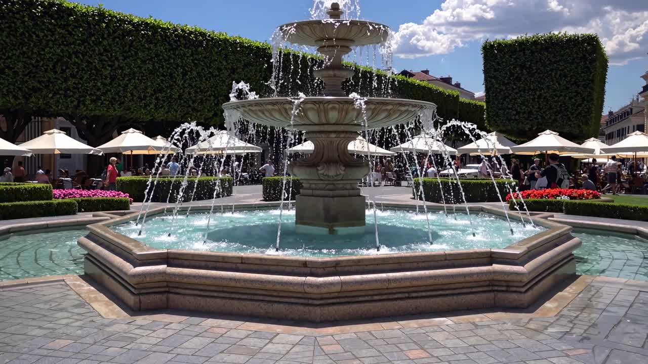 Un video contrapicado captura una clásica fuente de piedra en una plaza vibrante, rodeada de árboles podados.
