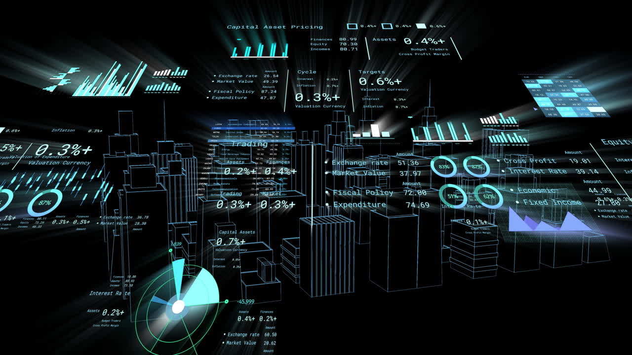 Financial data and graphs overlaying futuristic cityscape with animation elements