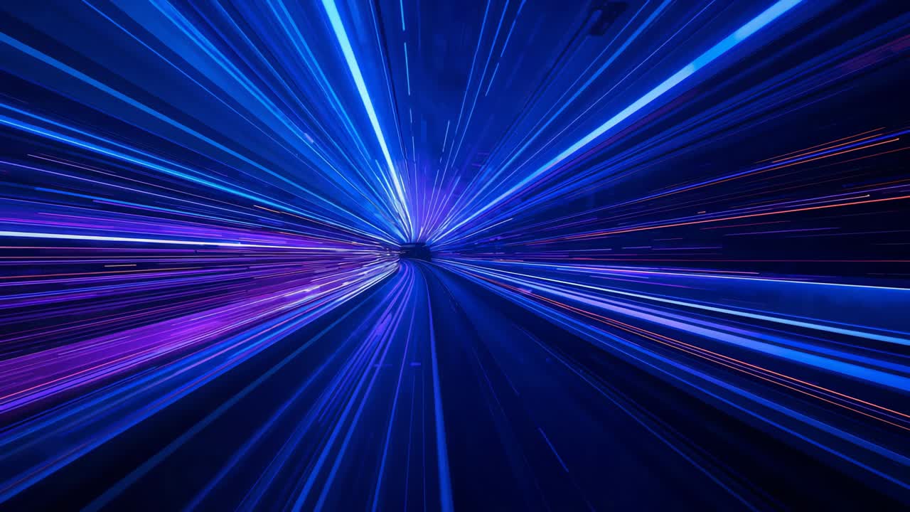 Play starting, camera moving through lit tunnel, blue-violet streaks speeding toward bright center