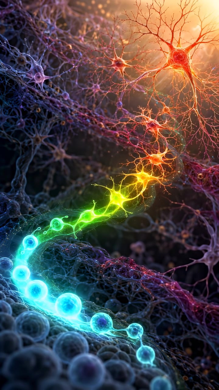 Luminous cell bodies and delicate branching fibers shift from blue and violet to green, yellow, and fiery orange, tracing curved activity through a dense dark microscopic network.