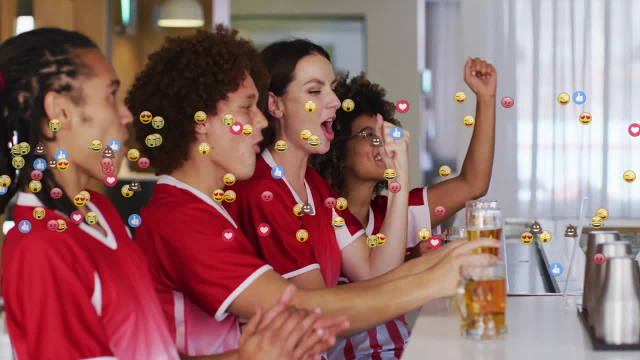 Friends cheering inside sports bar, showing floating social media emoji reactions for marketing