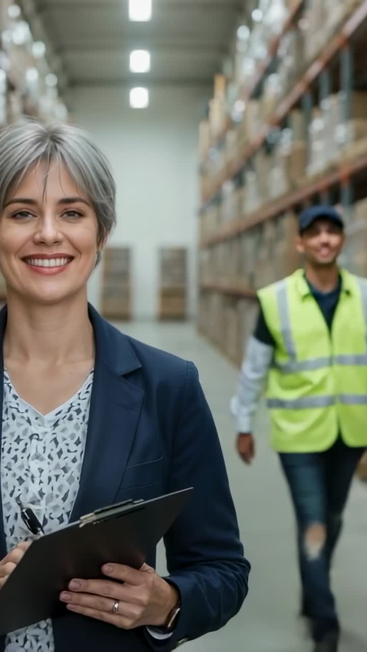 Vertical video: Supervisor reading clipboard as worker entering warehouse aisle in vest, copy space