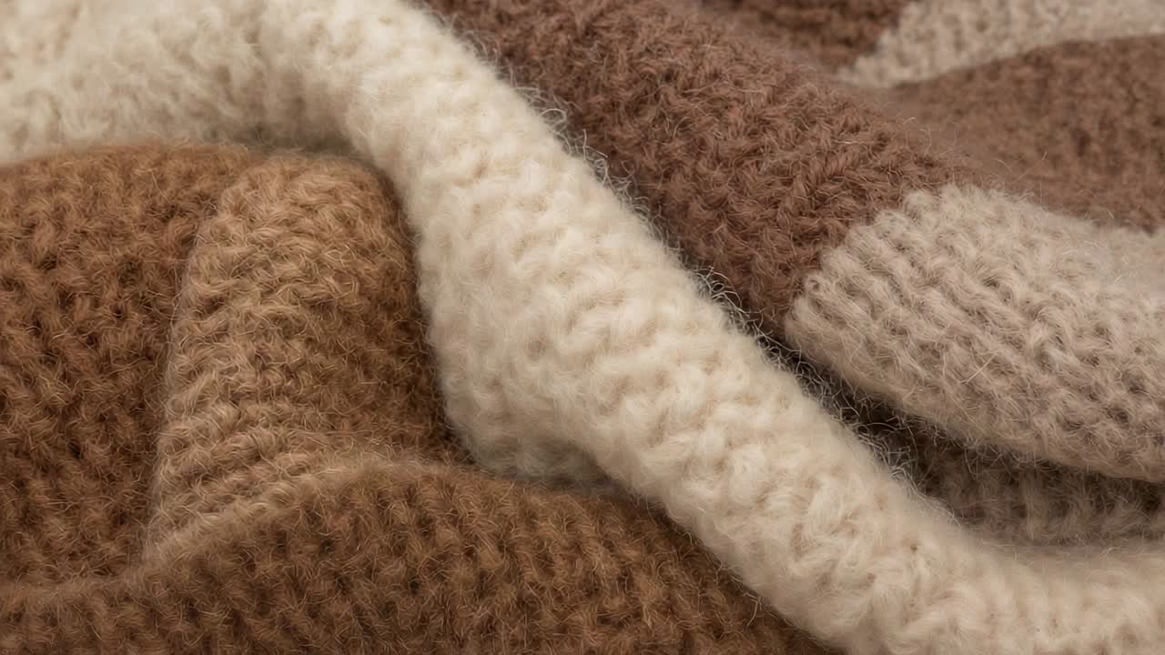 Sliding camera after gentle shift revealing folded knitted blanket on cushion, showing cream edge