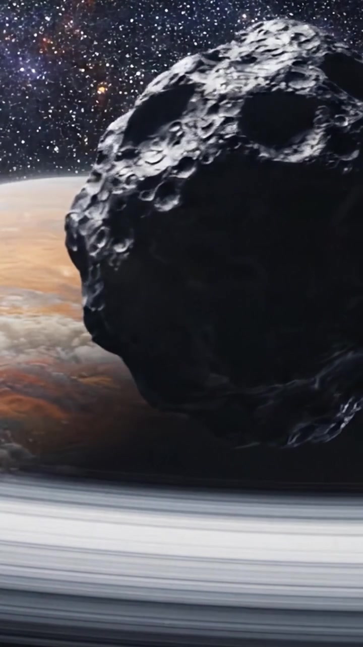 Esplorando la vastità dello spazio: un incontro ravvicinato con corpi celesti, con un pianeta maestoso e un asteroide in avvicinamento nella distesa cosmica.