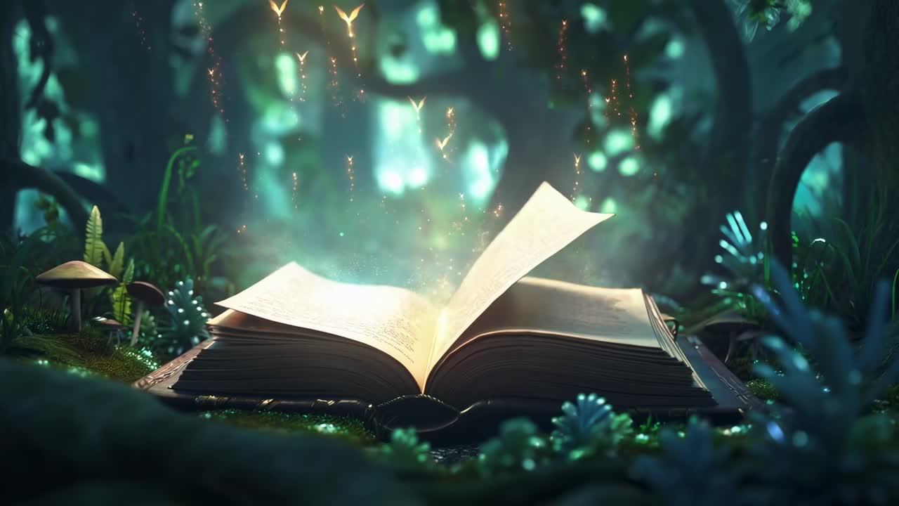 Magisches aufgeschlagenes Buch in einem Wald mit glühenden Lichtern, Froschperspektive, Fantasy-Videostil