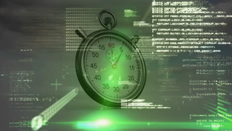 animated 3d mechanical stopwatch floating over digital grid, showing scrolling code and green glow