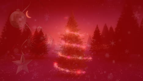 copos de nieve cayendo sobre una estrella fugaz alrededor de un árbol de navidad sobre un fondo rojo