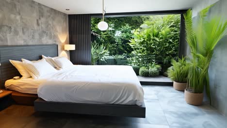 modern bedroom with large window and greenery