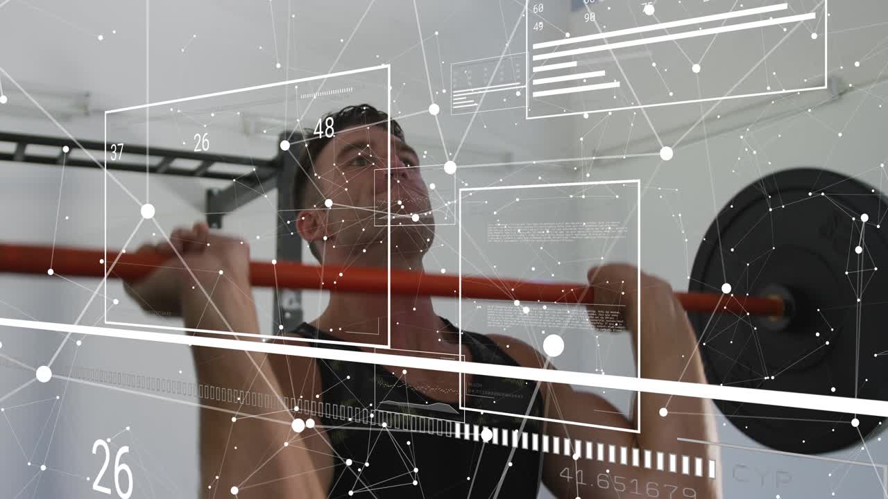 Man bracing core, pressing orange barbell rack to lockout for power, health HUD tracking bar path