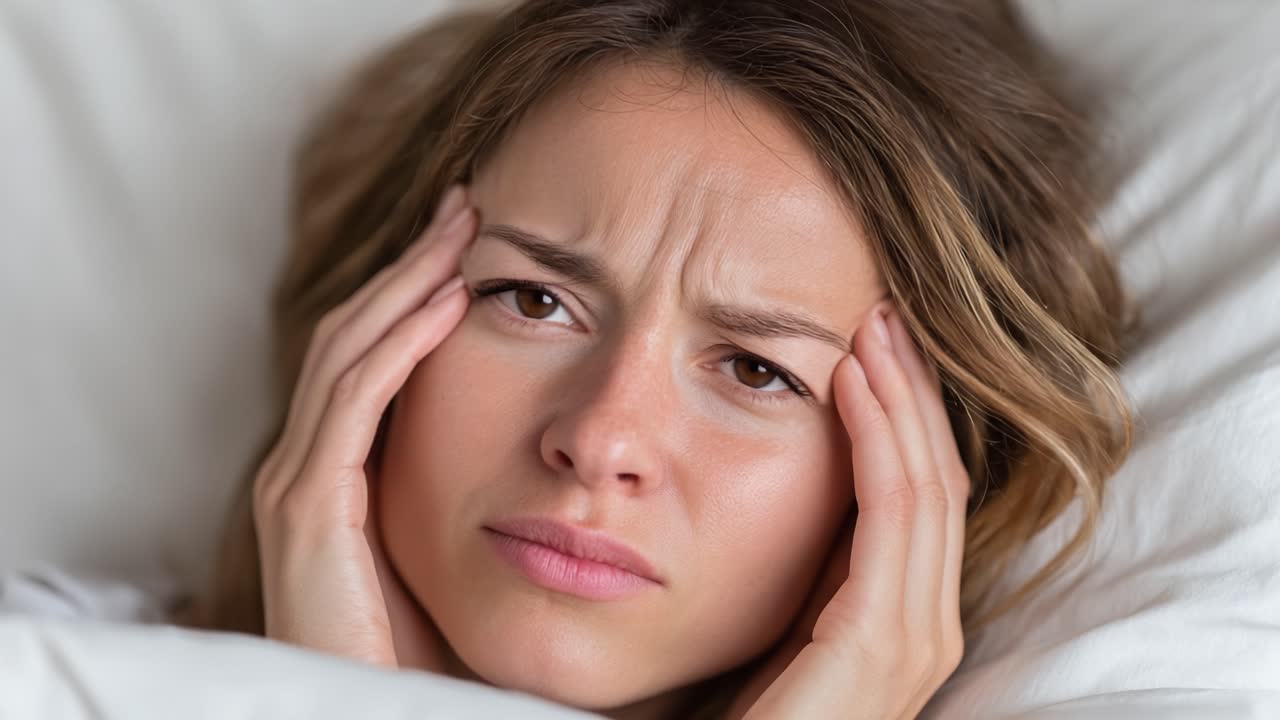 A young woman experiencing intense discomfort and distress, reflecting a clear struggle with her emotions and physical state while lying in bed, demonstrating the impact of stress and fatigue