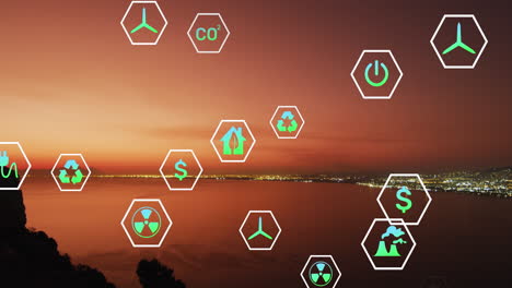 animación de iconos de sostenibilidad y ecología sobre el paisaje