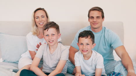 happy family, face and smile in bedroom for love