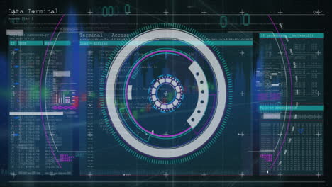 Animation of circles over computer language and old computer interface against graph in background