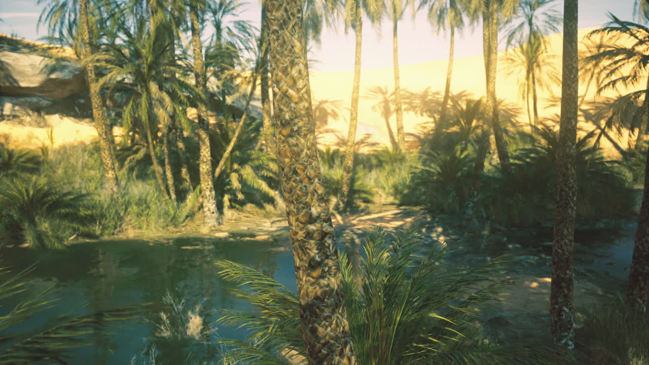 Oasi lussureggiante con palme e acque tranquille in un ambiente desertico al tramonto