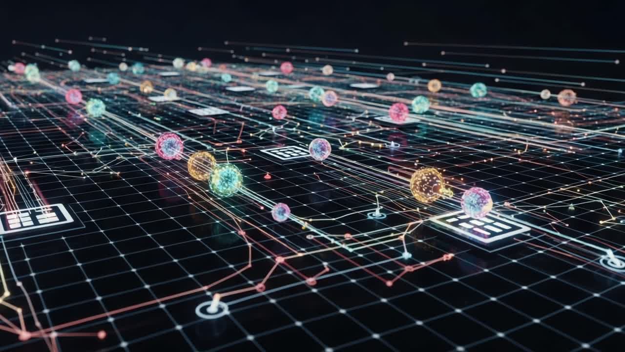 Utforsking av det dynamiske samspillet mellom partikler og data i et 3D-gjengivelsesnettverksmiljø: En visualisering av tilkobling og informasjonsflyt
