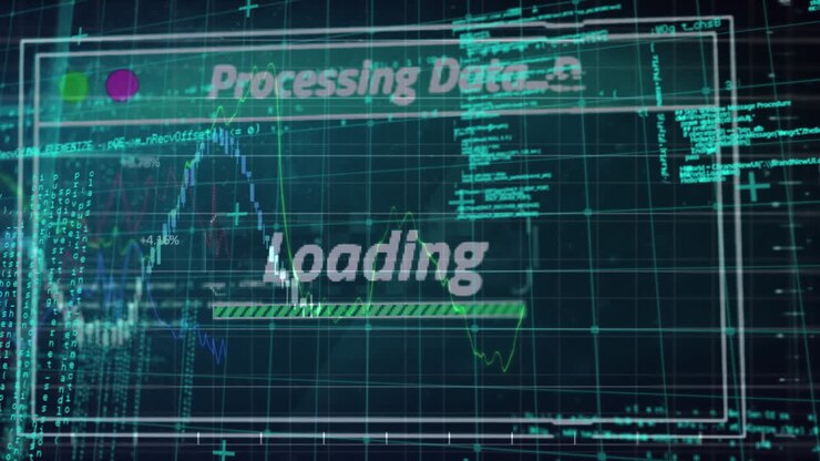Animation of statistics and data processing text over grid