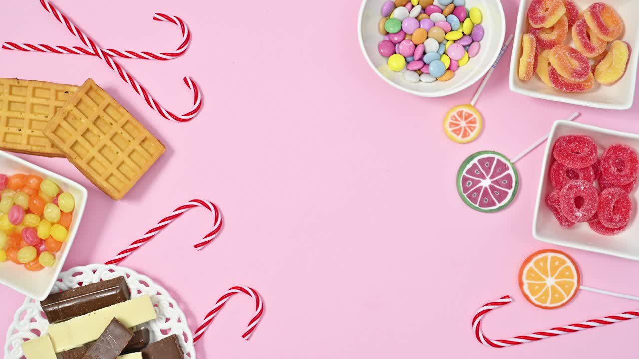 postres dulces, dulces chocolates, dulces de goma y piruletas se mueven en el lado izquierdo y derecho del fondo rosa pastel. stop motion animación plana