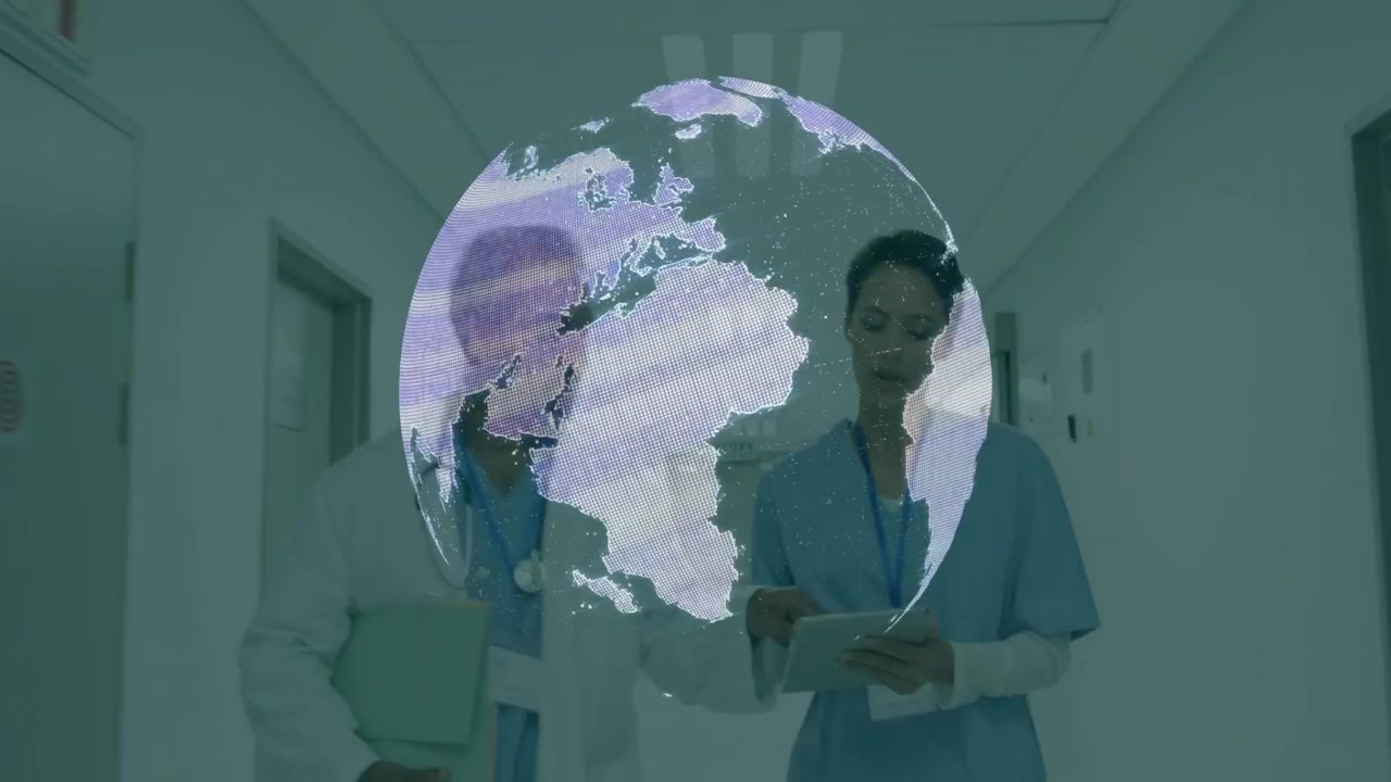 Médicos Revisando Dados Médicos em Tablet com Sobreposição de Globo Digital