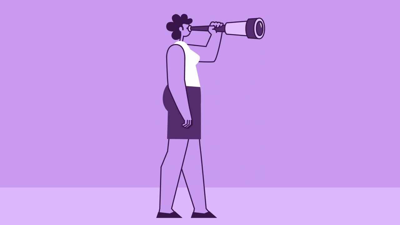 estilo púrpura mujer personaje plano caminando ciclo y mirando a través del telescopio. animación de bucle aislado con canal alfa