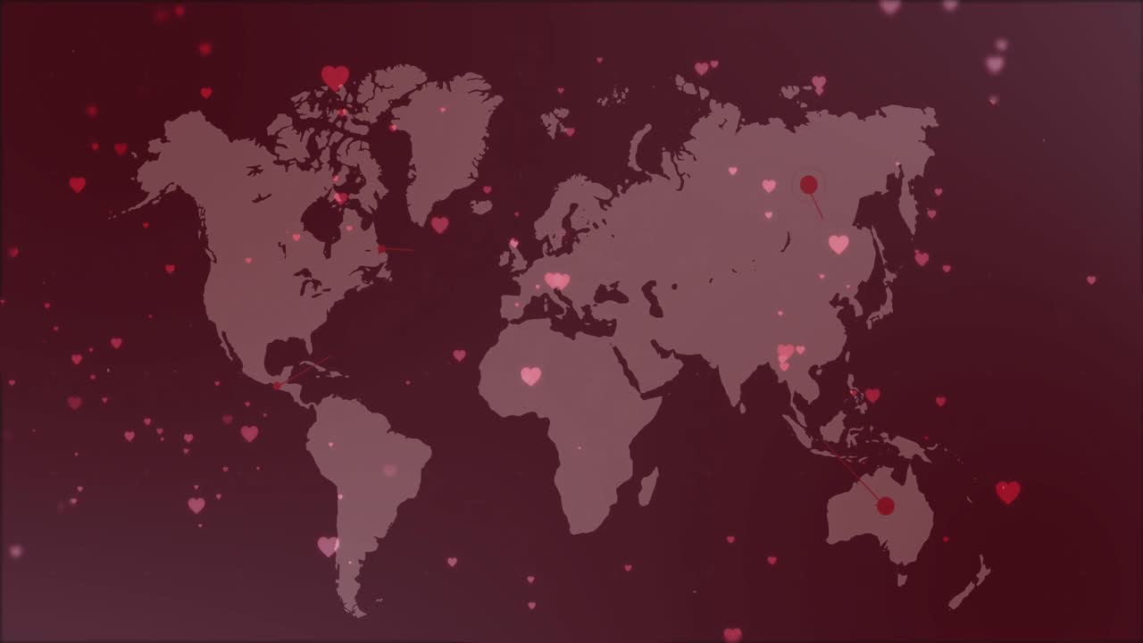 animación de iconos de corazón sobre el mapa del mundo