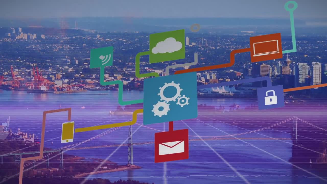 연결 네트워크와 소셜 미디어 아이콘을 도시 풍경에서 구름에 떠다니는 것에 대항합니다.