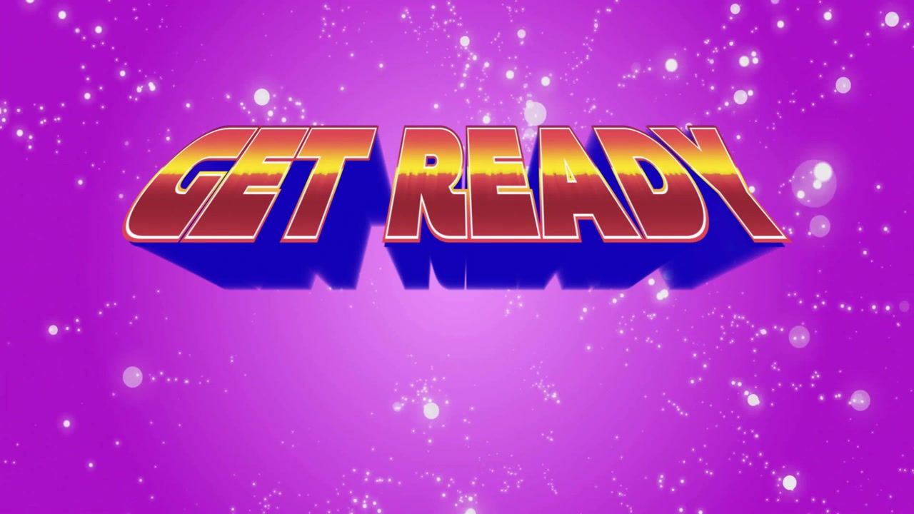 Animated Get Ready Text Overlay on Purple Background with Floating Particles