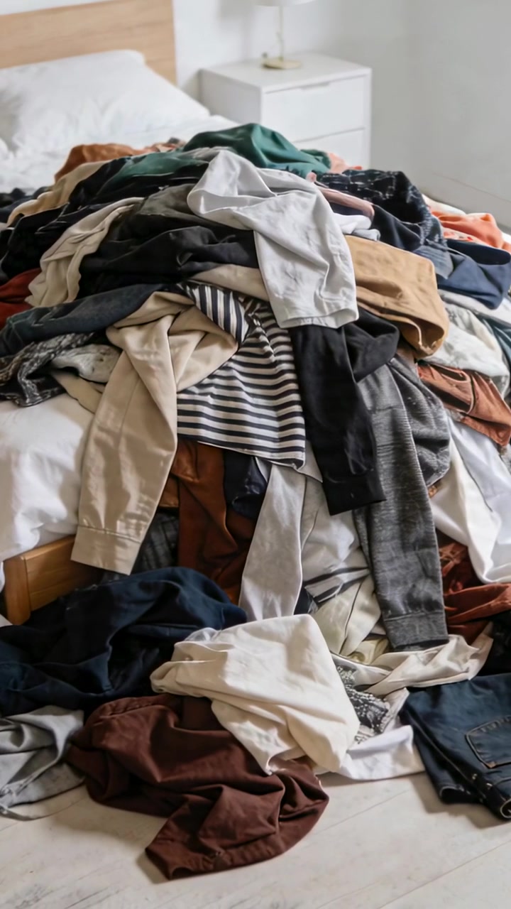 Vertical video: Zooming camera on clothing pile spilling off bed onto floor, highlighting lamp
