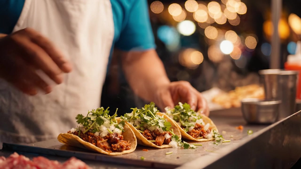 En street food-sælger tilbereder mesterligt lækre tacos med friske ingredienser, viser kulinarisk dygtighed midt i en levende atmosfære fyldt med funklende lys.